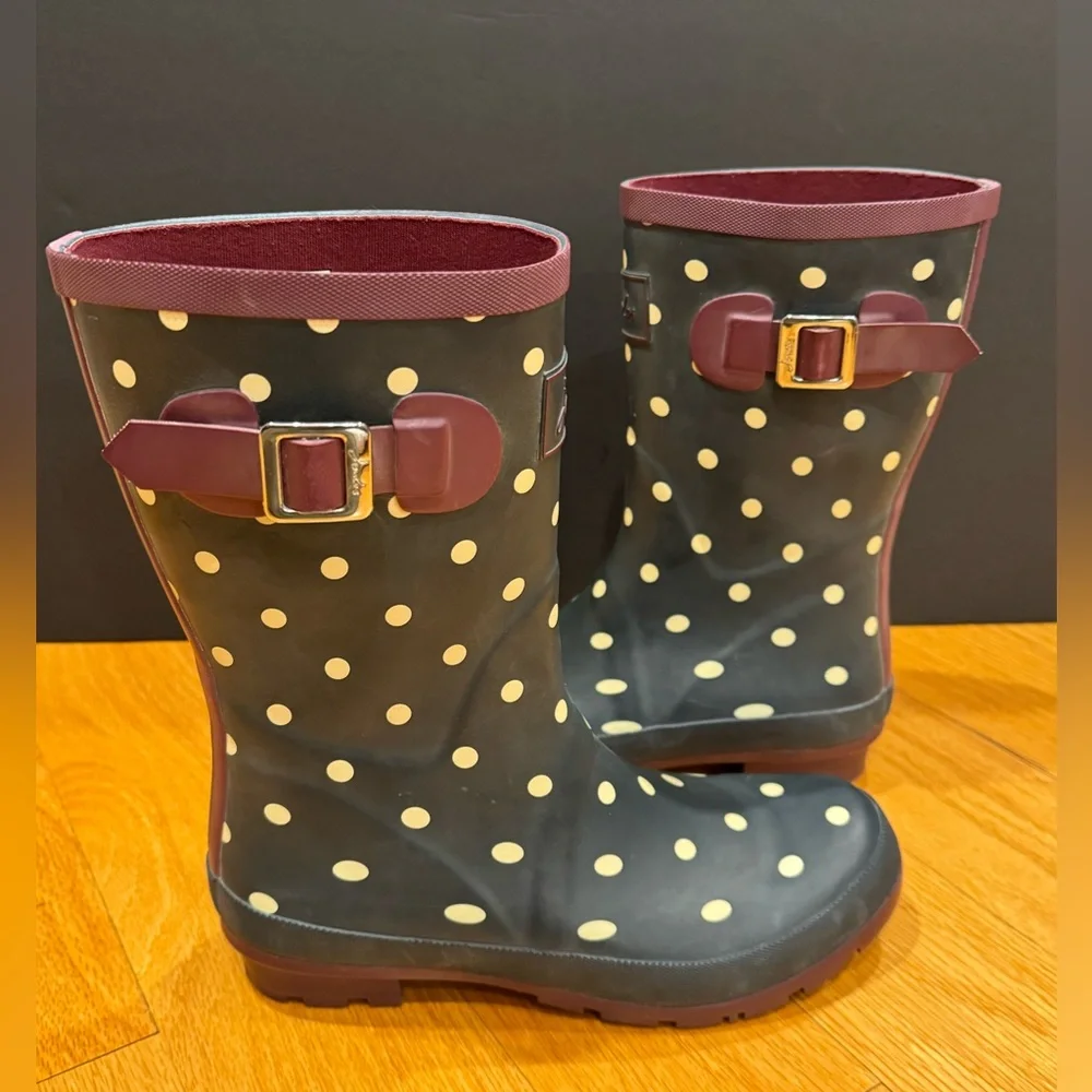 Joules Molly Welly Mid Calf Navy Rain Boots White Polka Dot Burgundy Trim Size 8 - Picture 15 of 16